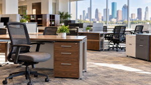 Modern office with pre-owned desks, ergonomic chairs, workstations, and storage furniture in Houston, Texas.