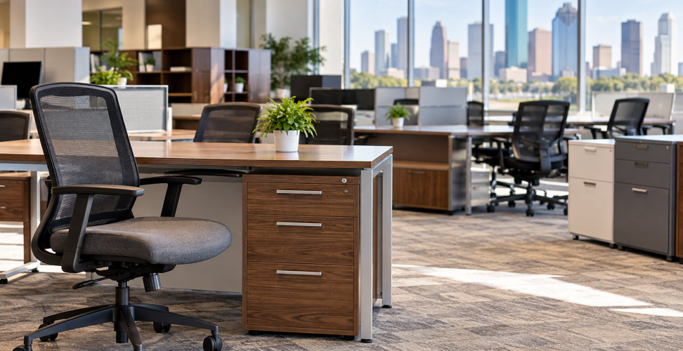 Modern office with pre-owned desks, ergonomic chairs, workstations, and storage furniture in Houston, Texas.